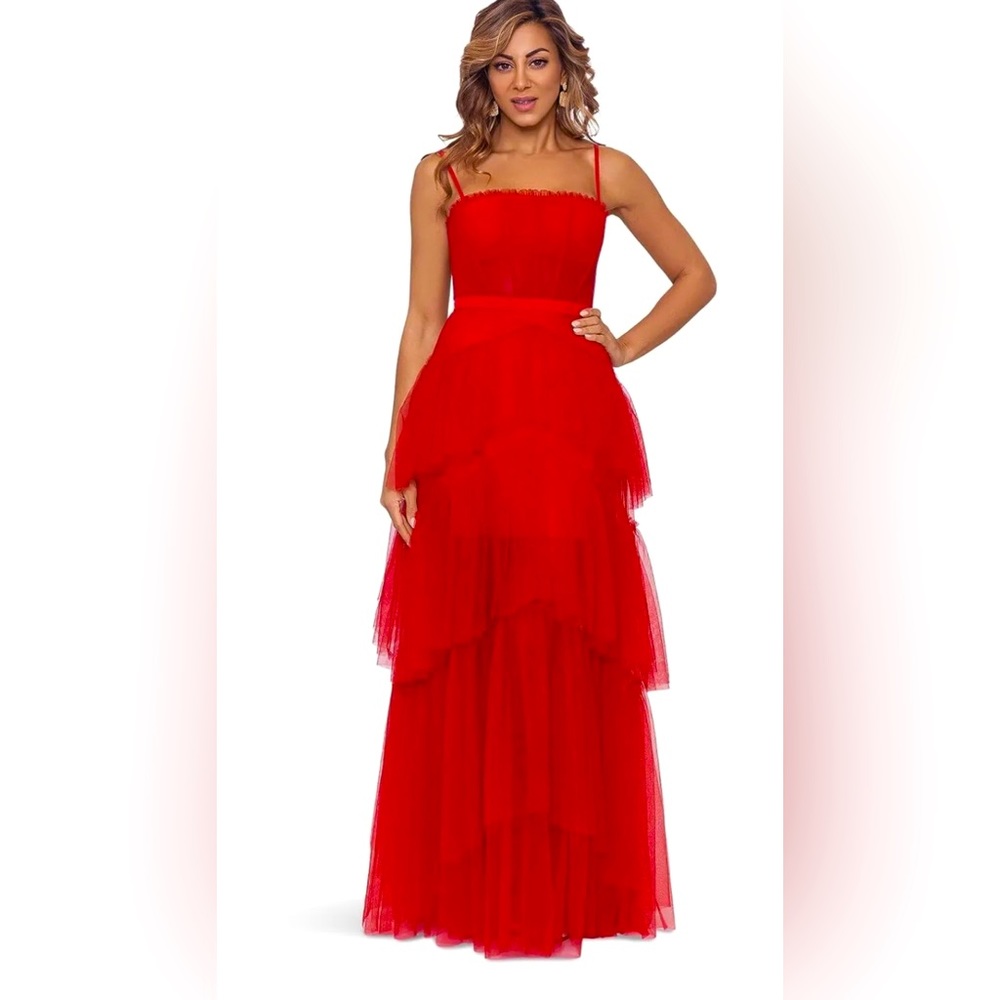 Betsy and Adam Red Mesh Corset ball gown size 2